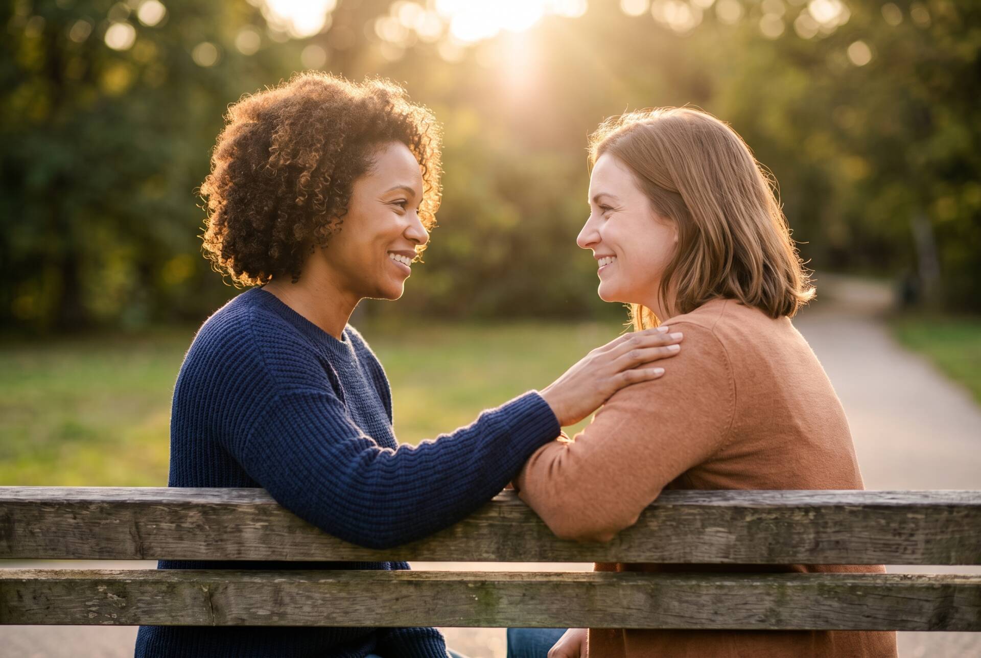 two woman resting against the fence smiling at each other